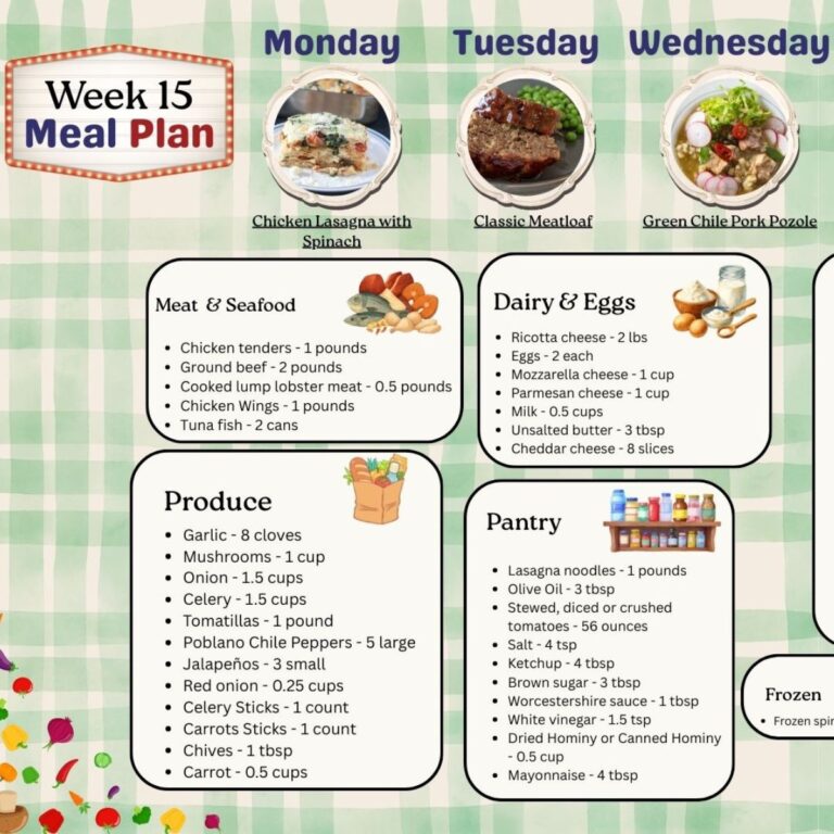 Meal plan 15 thumbnail with shopping list.