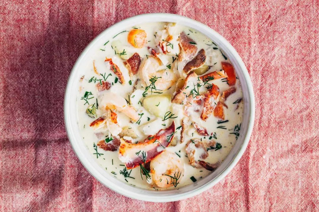 An overhead shot of Nova Scotia Seafood Chowder