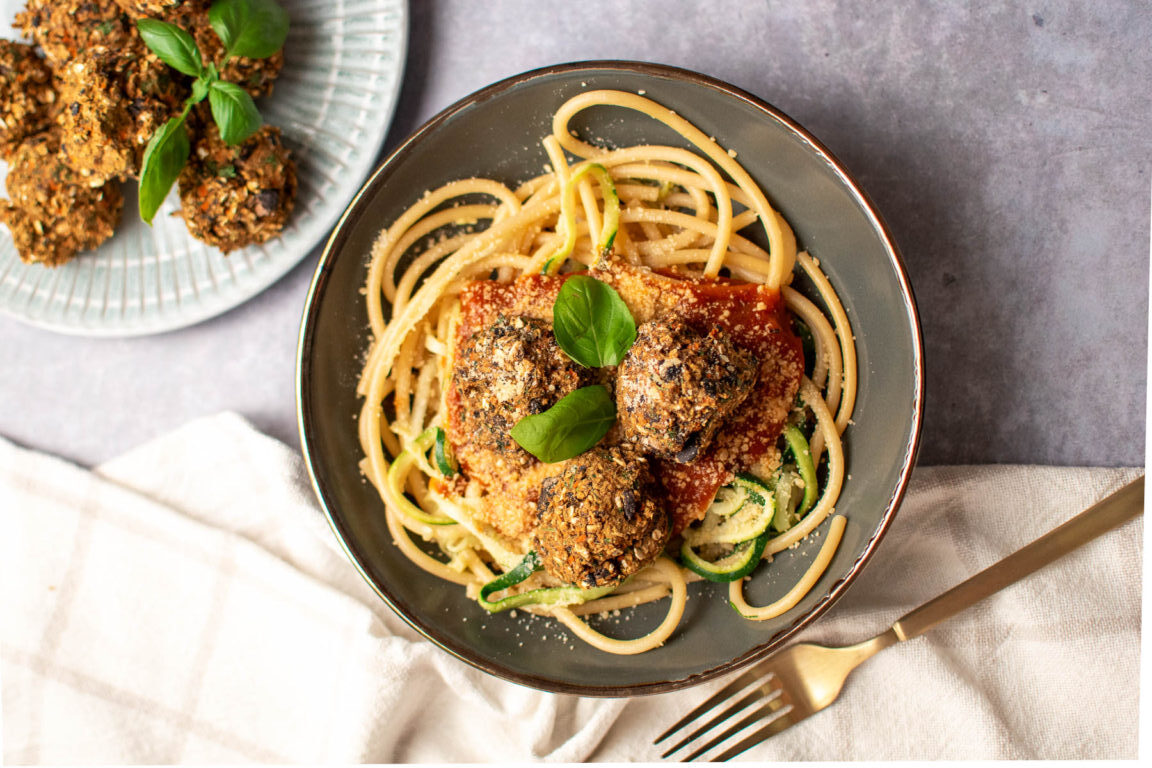 Zucchini Spaghetti with Black Bean Meatballs
