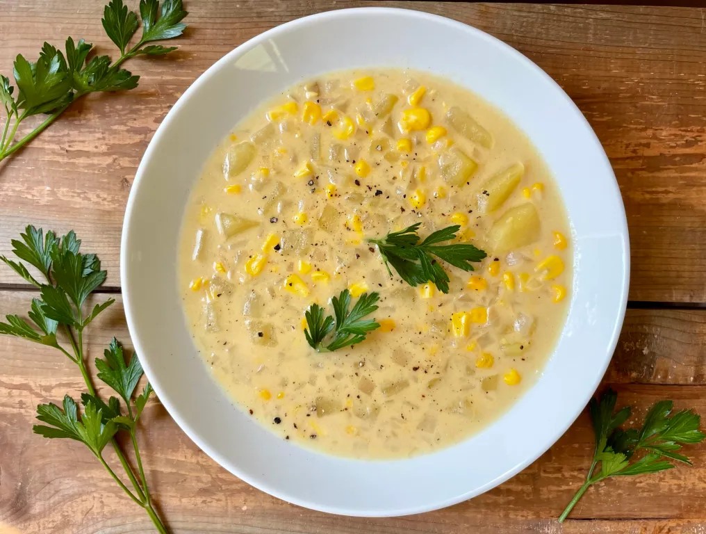 An overhead shot of Cozy Corn Chowder for Chilly Evenings

