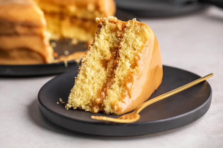 A slice of Old-Fashioned Caramel Cake
