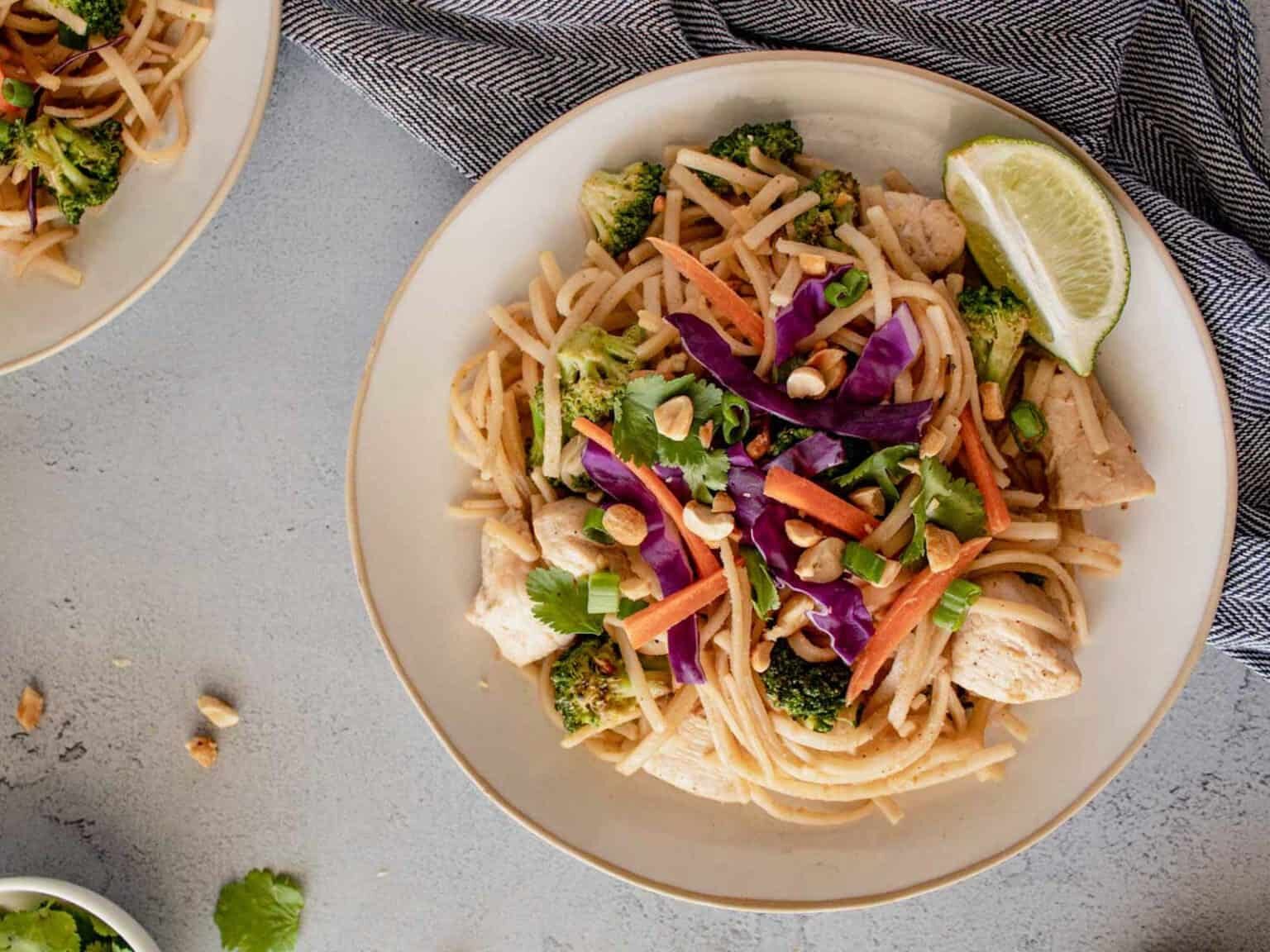 Chicken Pad Thai with Broccoli and Peanut Sauce
