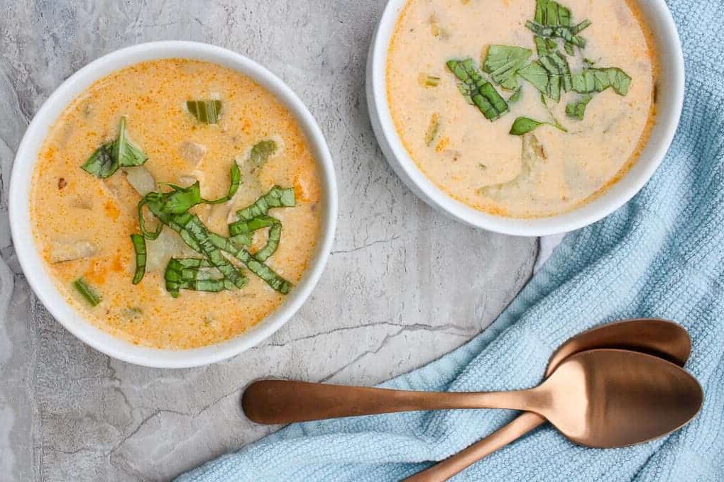 An overhead shot of Easy Clam Chowder with Smoked Oysters
