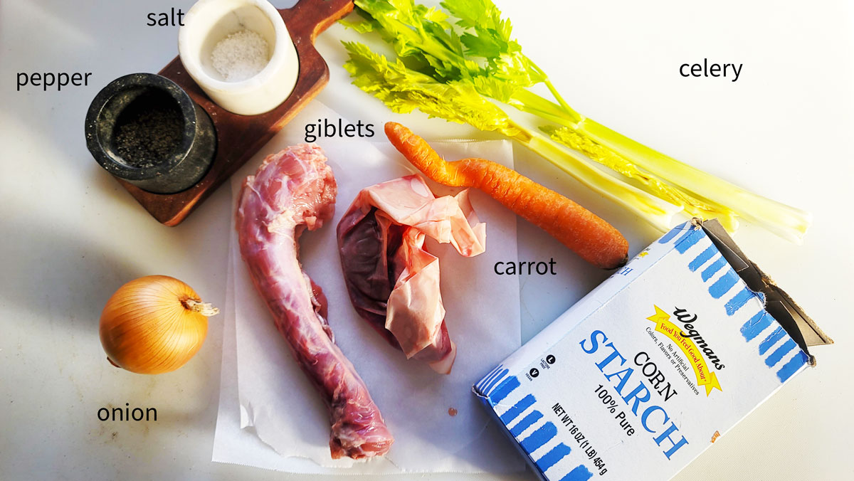 Ingredients for giblet gravy. See details in recipe below.