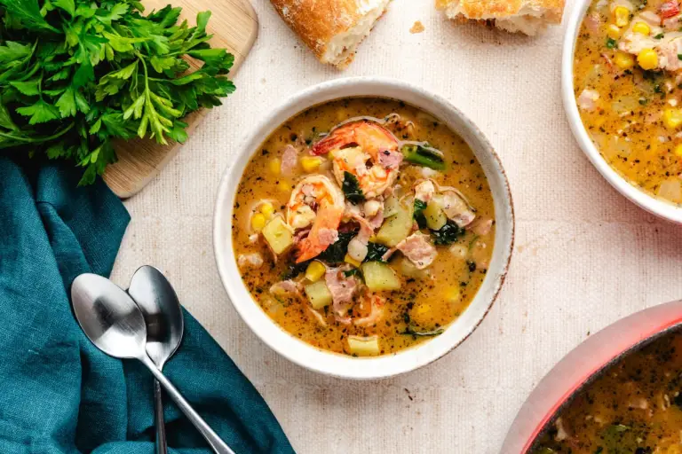 An overhead shot of Corn and Shrimp Chowder with Coconut Milk