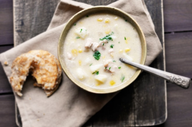 An overhead shot of Chicken Corn Chowder
