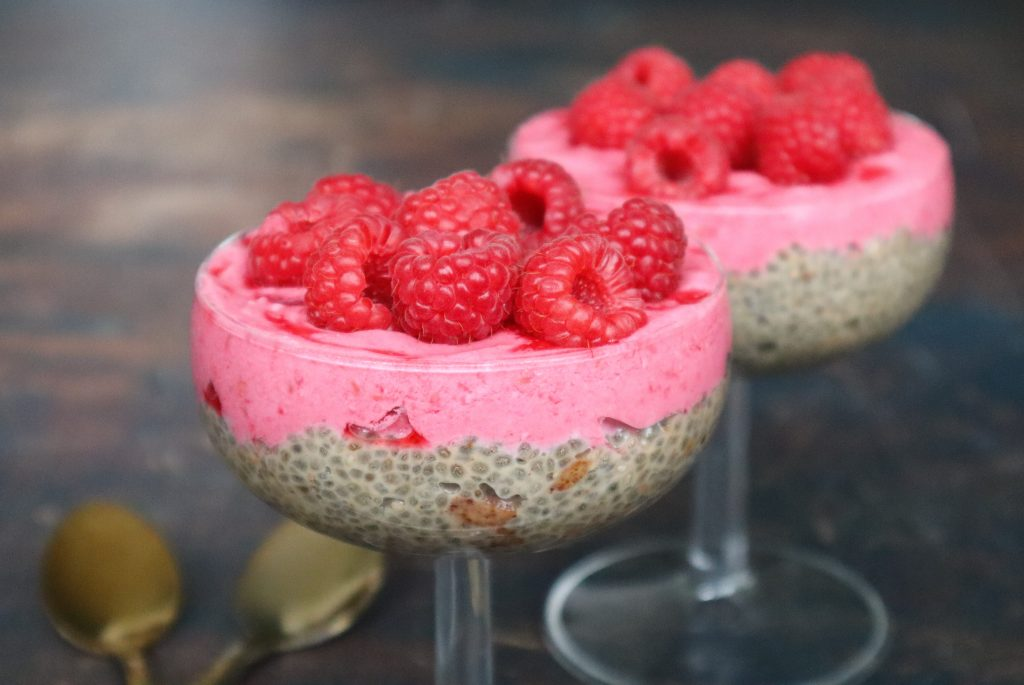 Chia pudding with almond butter and raspberry coconut cream (vegan & gluten-free)
