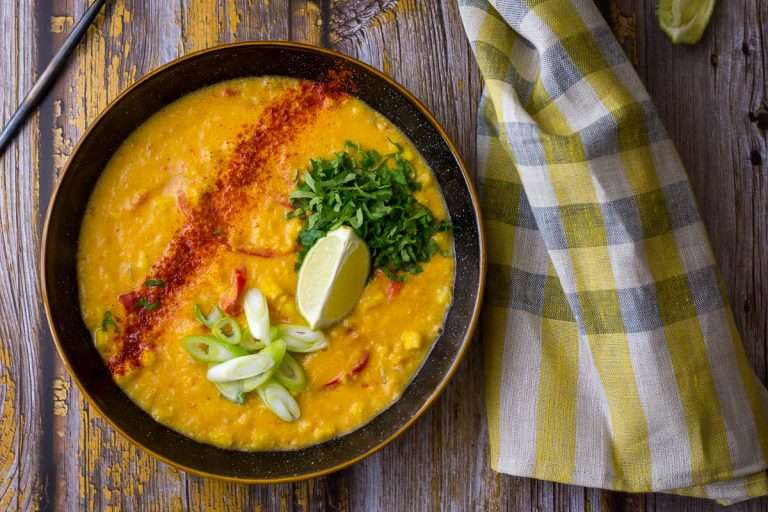 An overhead shot of Sweetcorn Soup (Vegan Sweetcorn Chowder Recipe)
