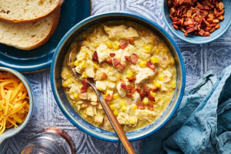 An overhead shot of a bowl of Instant Pot Chicken Corn Chowder with Bacon