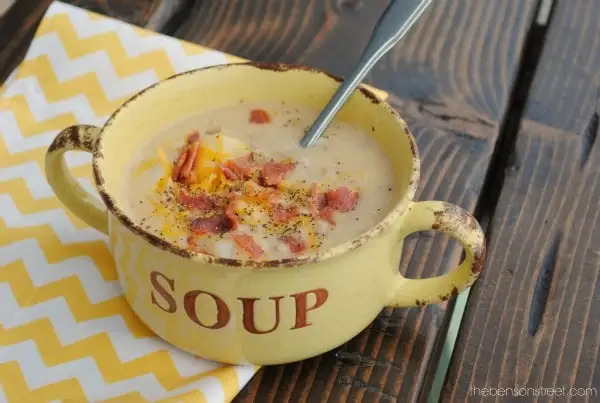 A pot of Bacon Cheeseburger Chowder