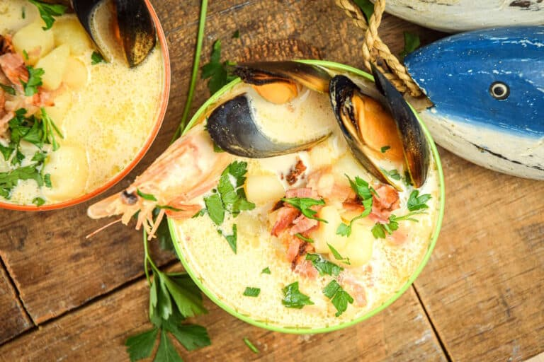 An overhead shot of Electric Skillet Seafood Chowder
