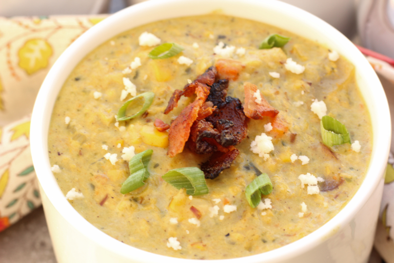 A bowl of Roasted Poblano Corn Chowder
