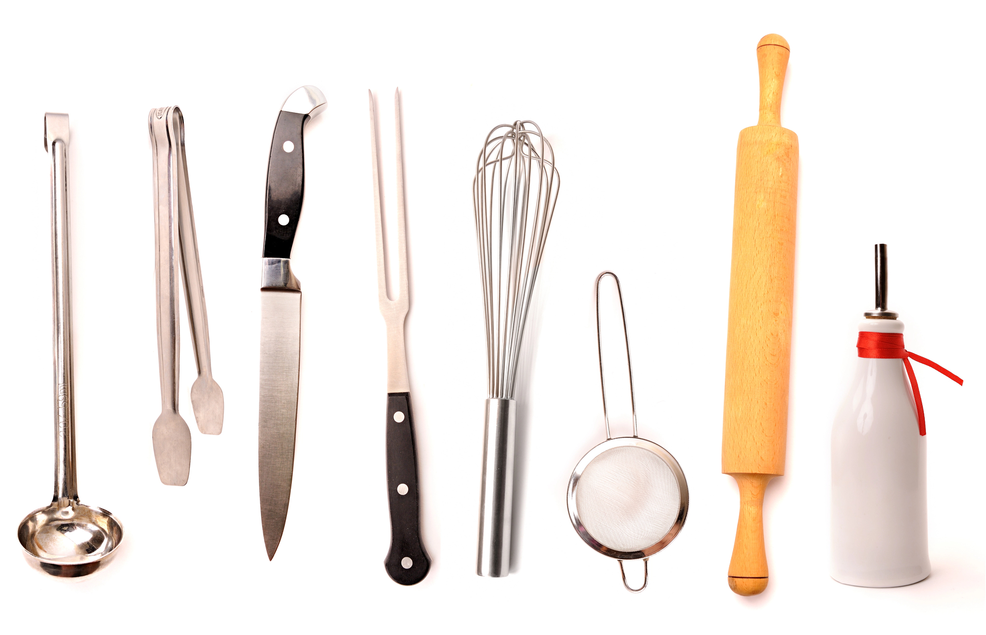 Kitchen tools on a white background.
