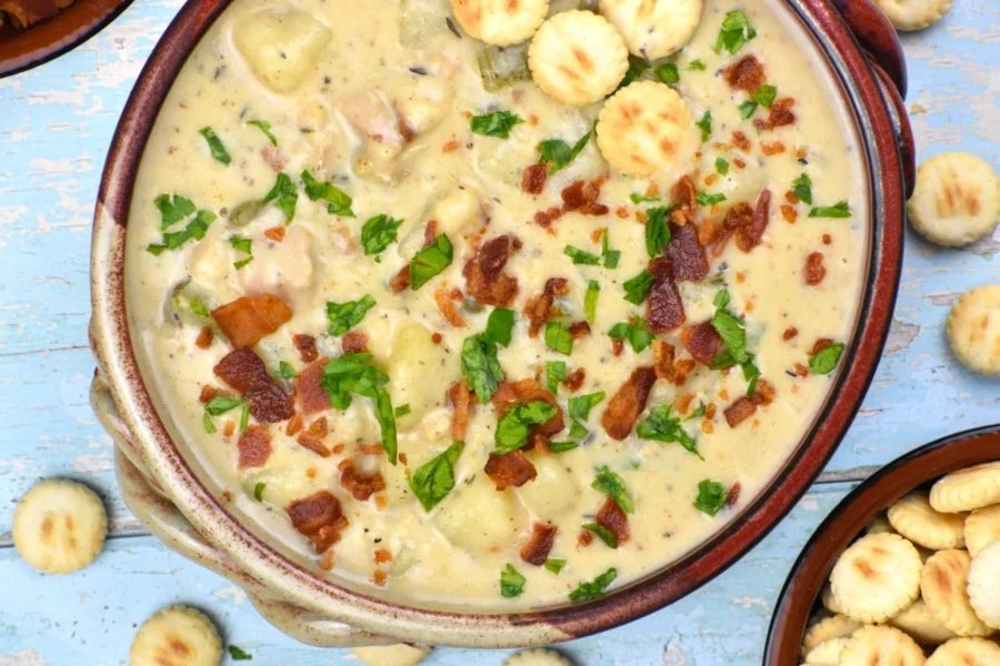 An overhead shot of New England Clam Chowder
