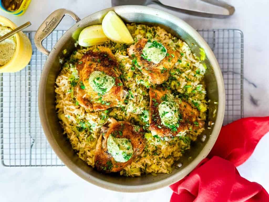 One Pan Chicken and Rice with Creamy Caesar Butter
