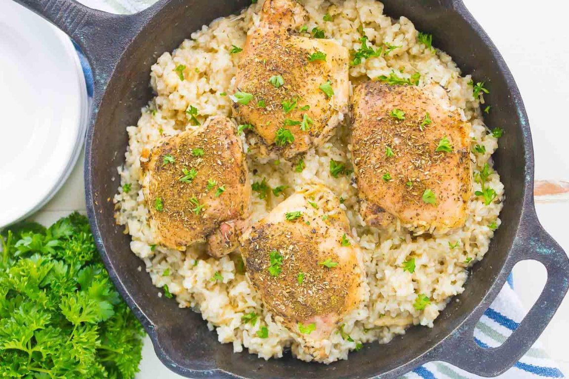 One Pan Chicken and Garlic Parmesan Rice