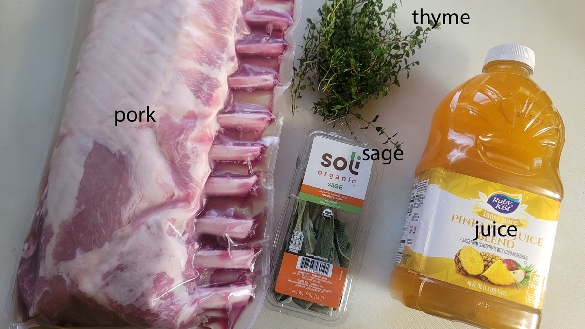 Ingredients for crown pork roast. See details in recipe below.