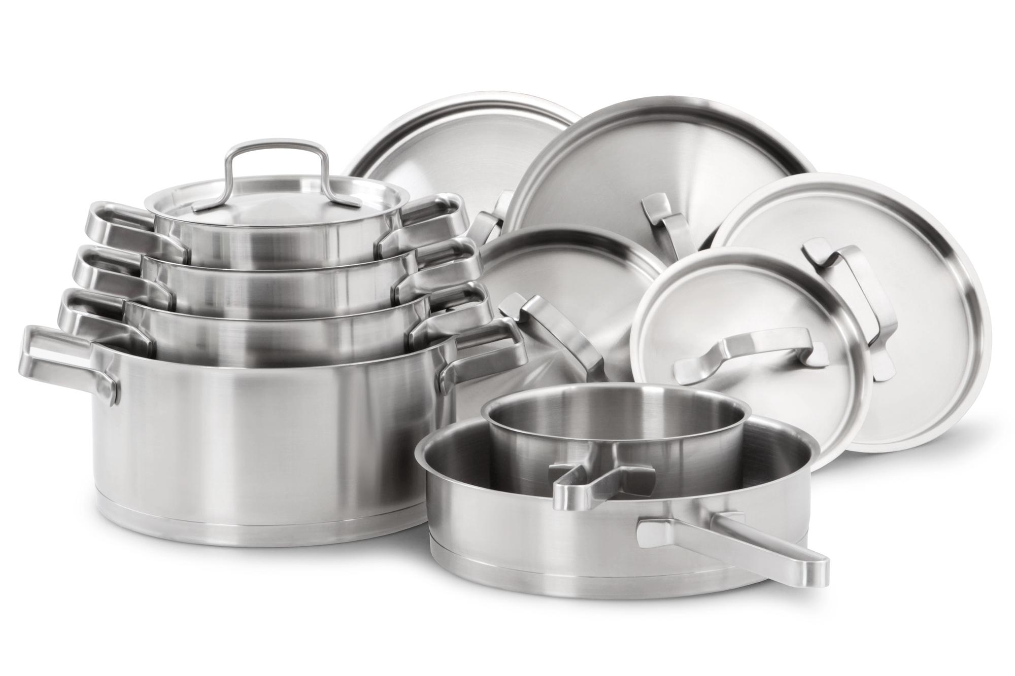 Stack of stainless steel pots and pans.