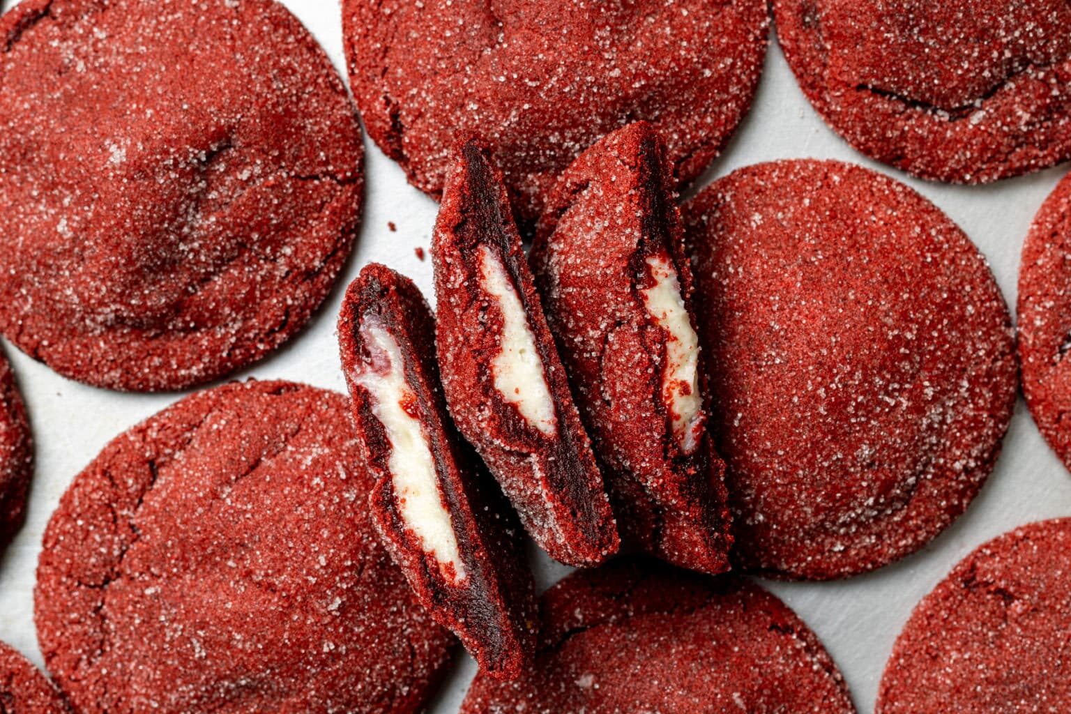 An overhead shot of Red Velvet Cheesecake Cookies
