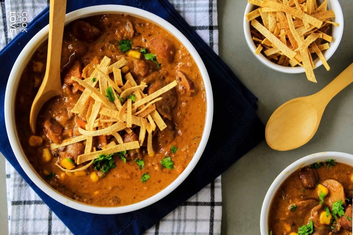 An overhead shot of Spicy Vegan Potato and Corn Chowder
