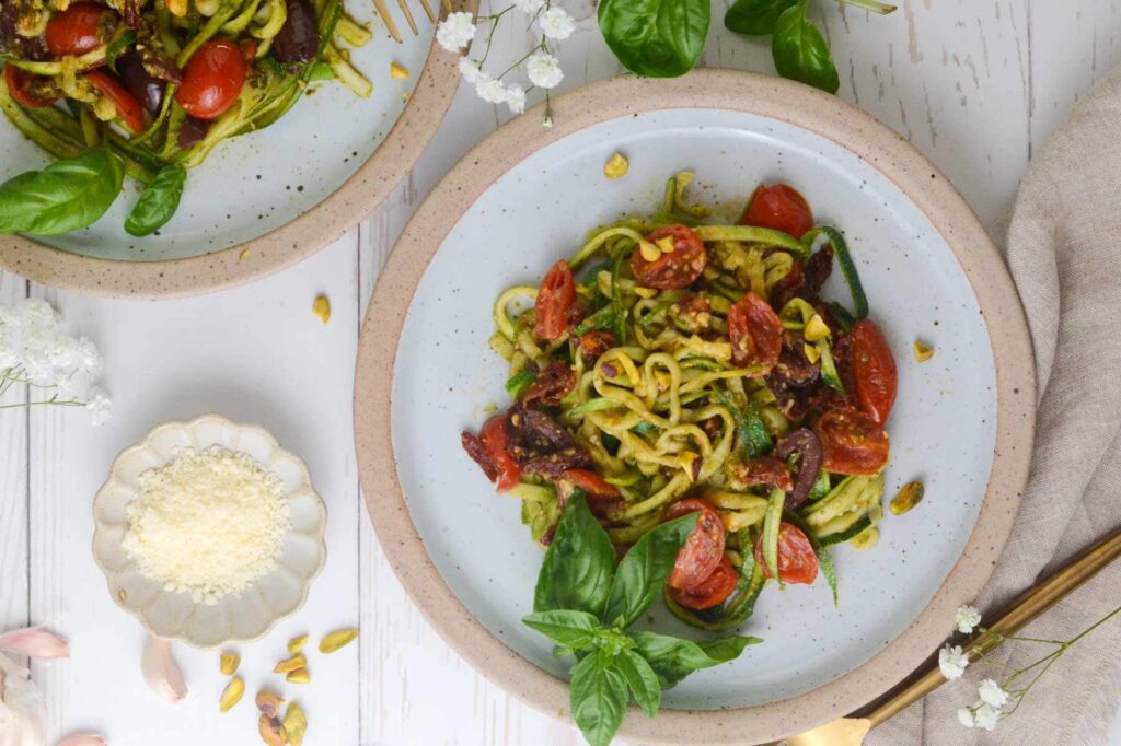 An overhead shot of Pesto Zucchini Noodles/