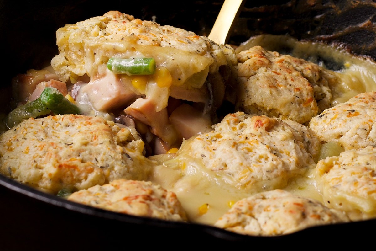 Dutch Oven Pot Pie with Cheddar Biscuits {Turkey or Chicken}