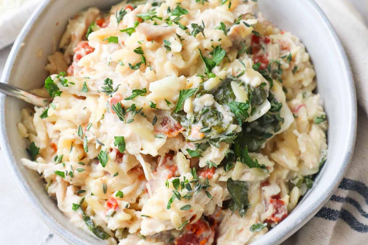 Dump and Bake Tuscan Chicken Orzo
