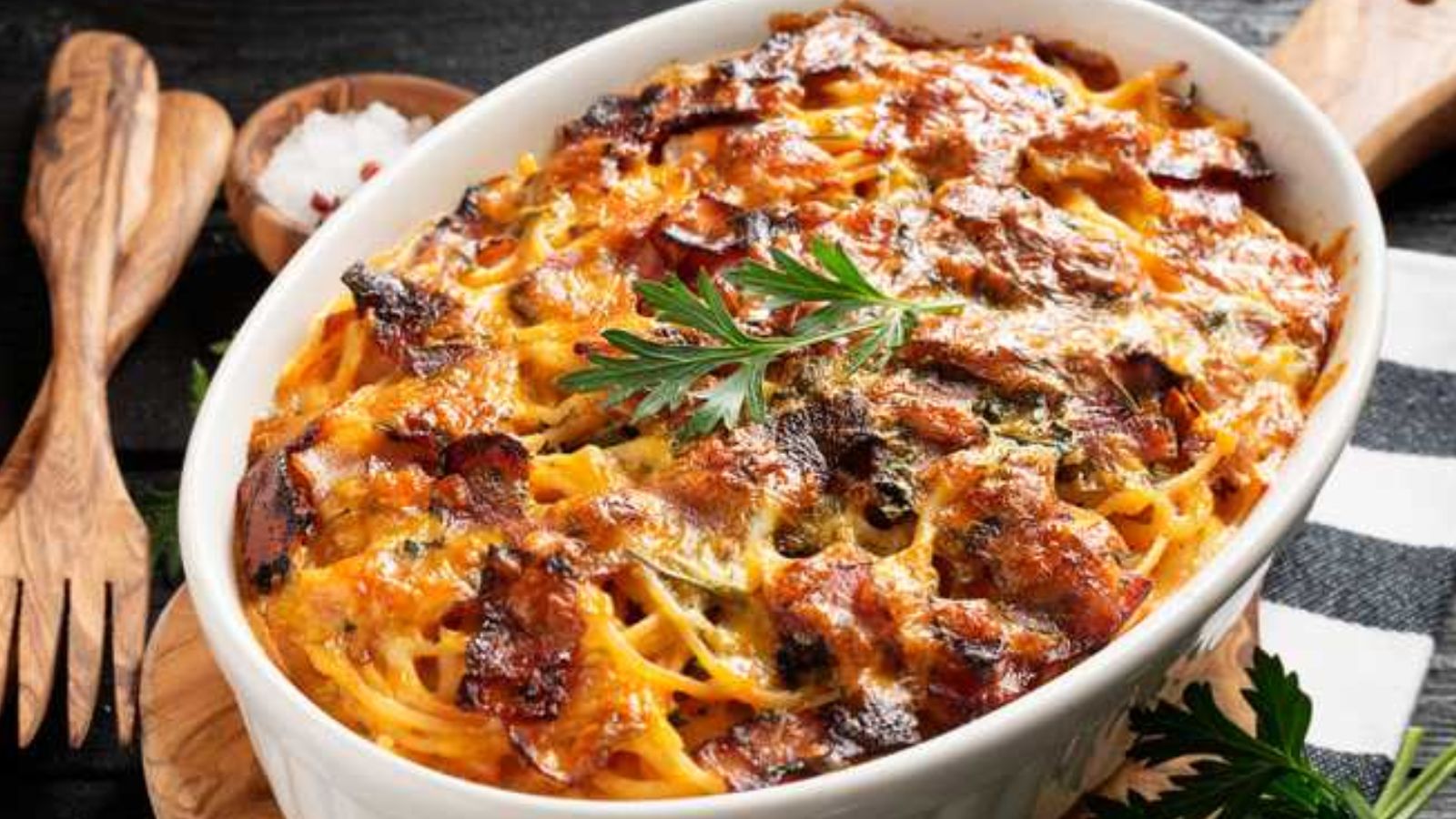 Close up image of baked spaghetti casserole.