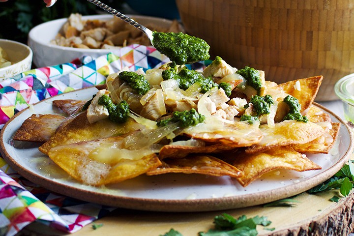 Chicken Nachos with Chimichurri Sauce
