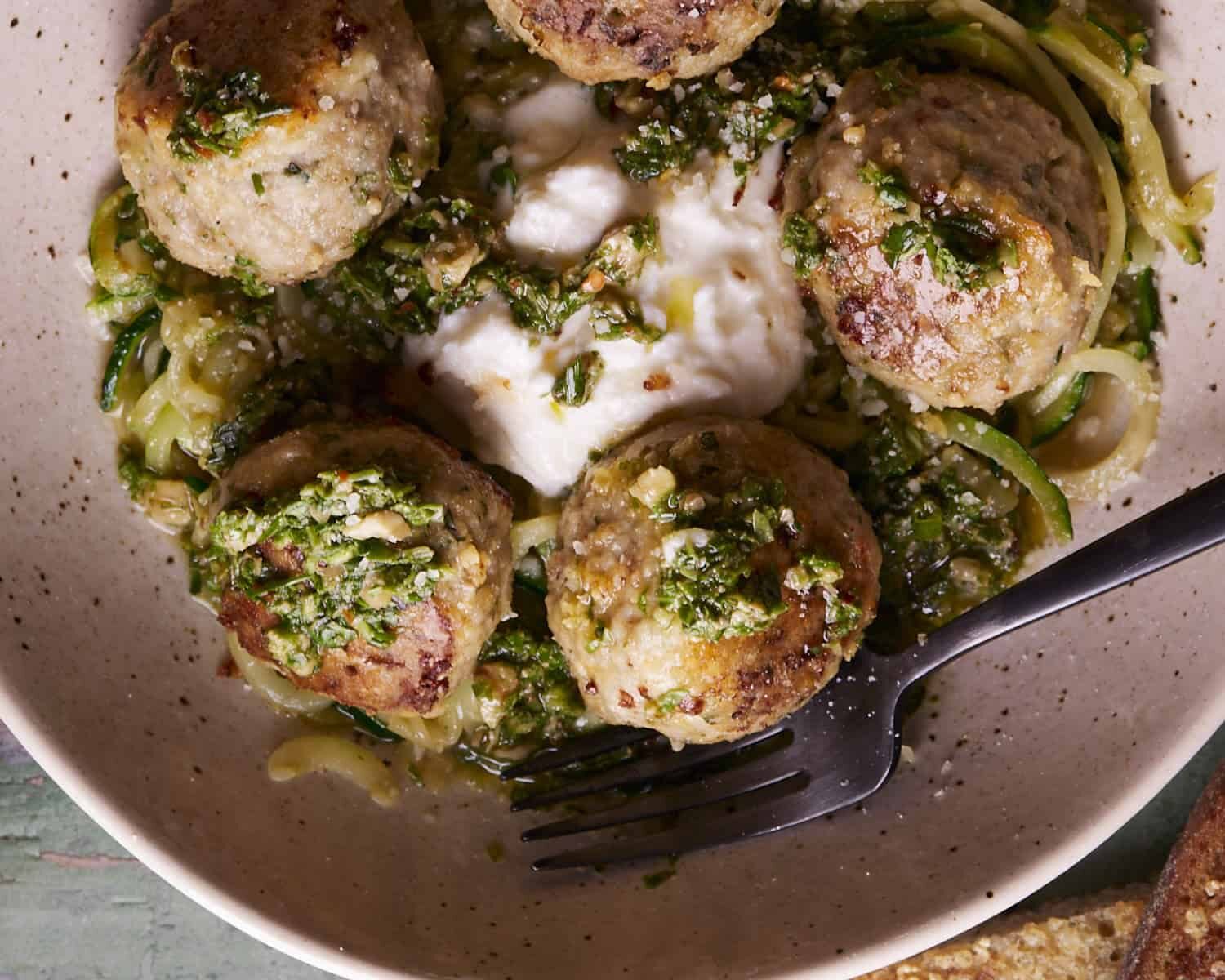 Easy Chicken Chimichurri Meatballs Over Zoodles and Burrata
