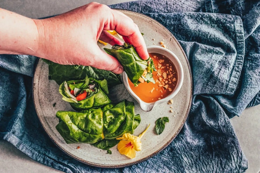 Swiss Chard Spring Rolls with Ginger Peanut Sauce
