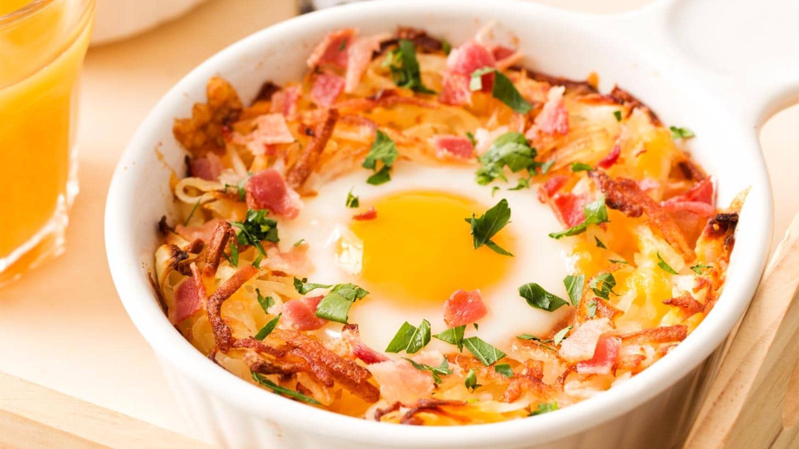 Hash Brown Bowls with Baked Eggs close up image,