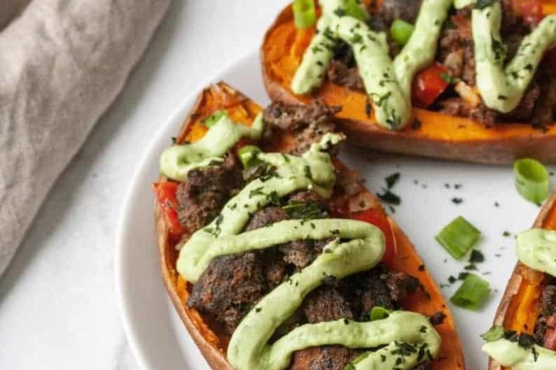 WHOLE30 TACO SWEET POTATO SKINS WITH AVOCADO CREMA