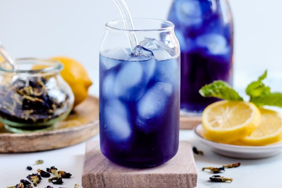 A glass of Butterfly Pea Tea.