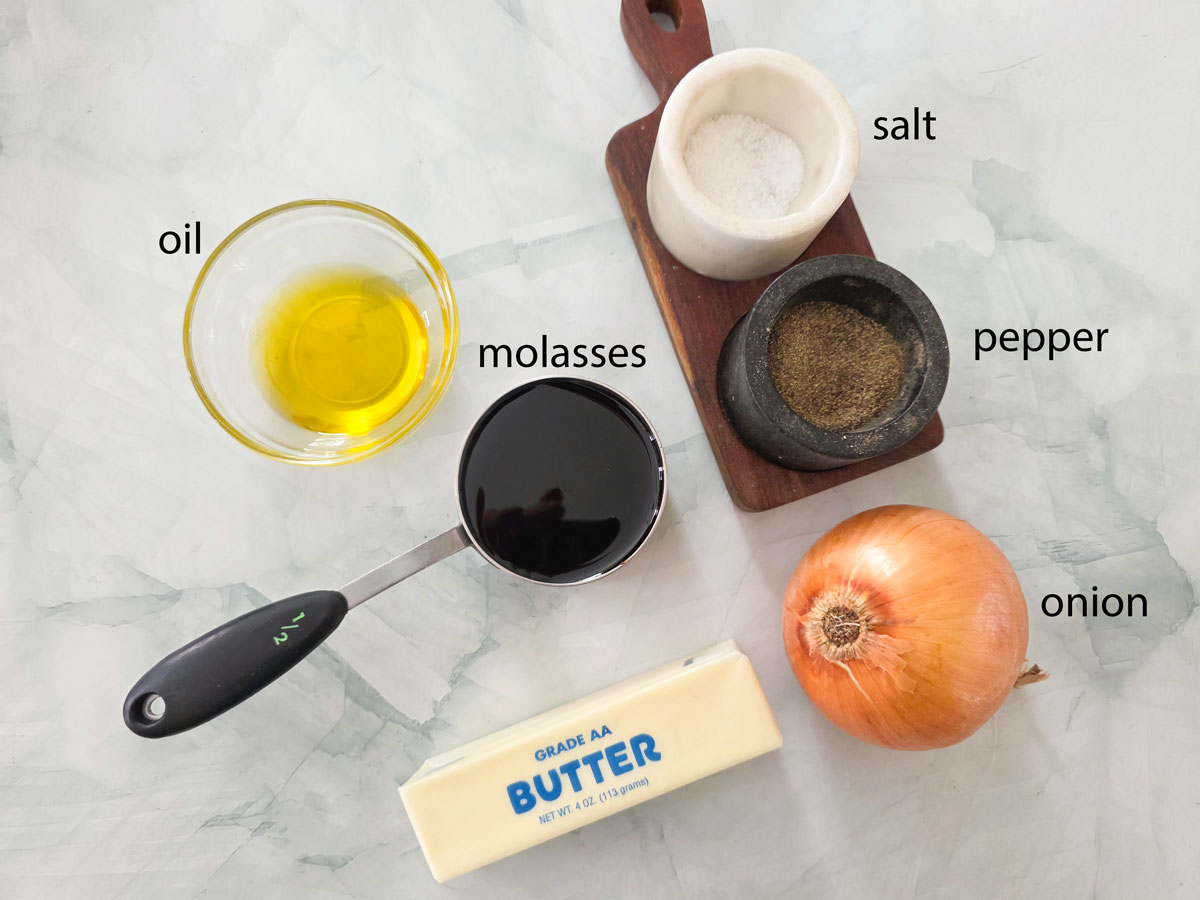 Ingredients for caramelized onions. See details in recipe below.
