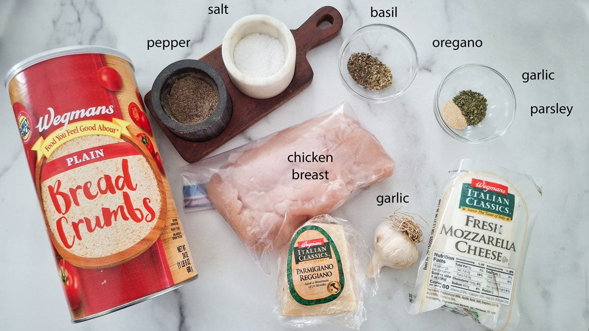 Ingredients for chicken parmesan. See details in the recipe below.