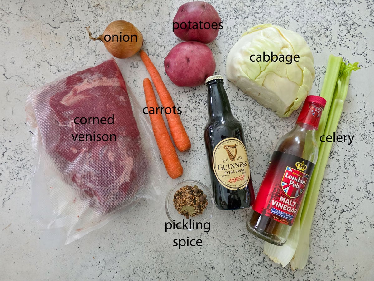Ingredients for corned venison and cabbage. See details in recipe below.