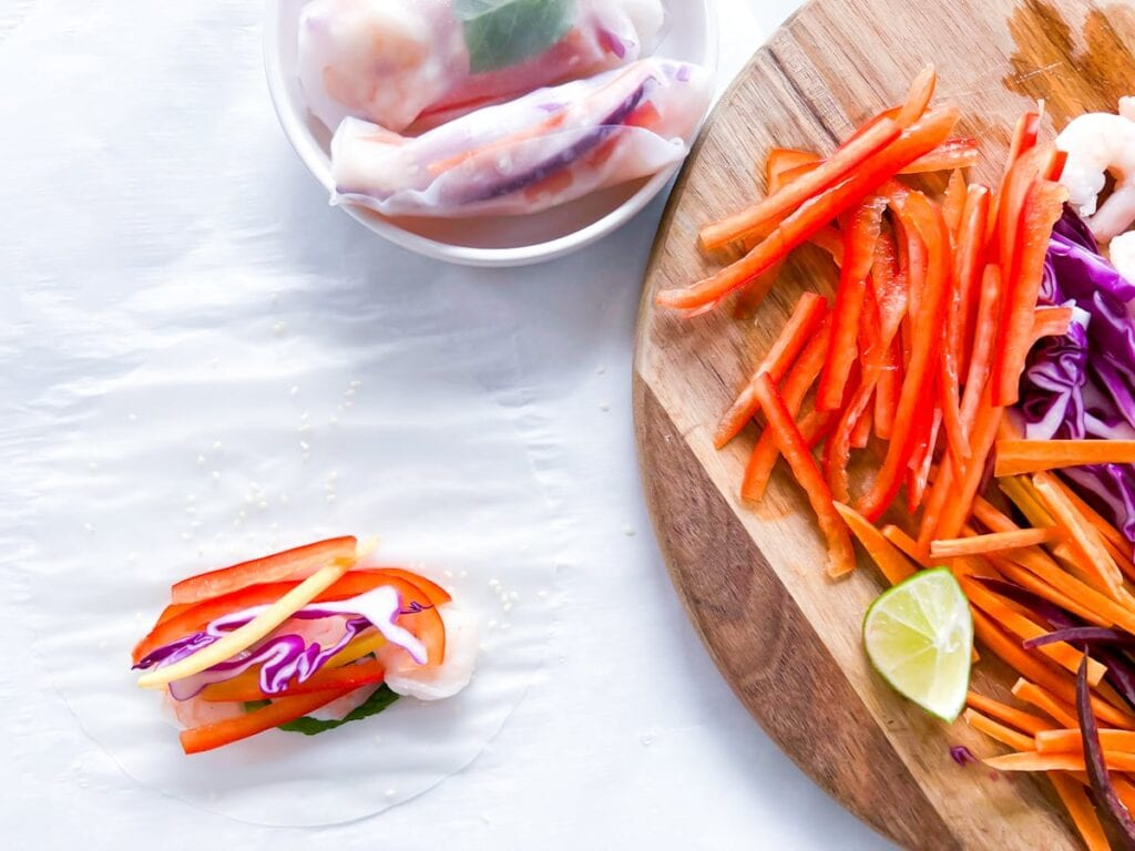 Spicy Shrimp Spring Rolls with Jalapeño Peanut Sauce
