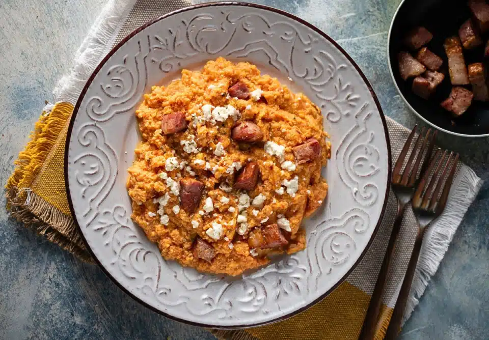 Kagianas: Greek-Style Scrambled Eggs with Feta & Smoked Pork