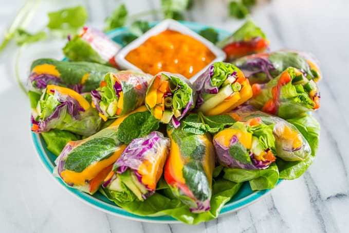 Rainbow Spring Rolls with Sweet Chili Mango Sauce
