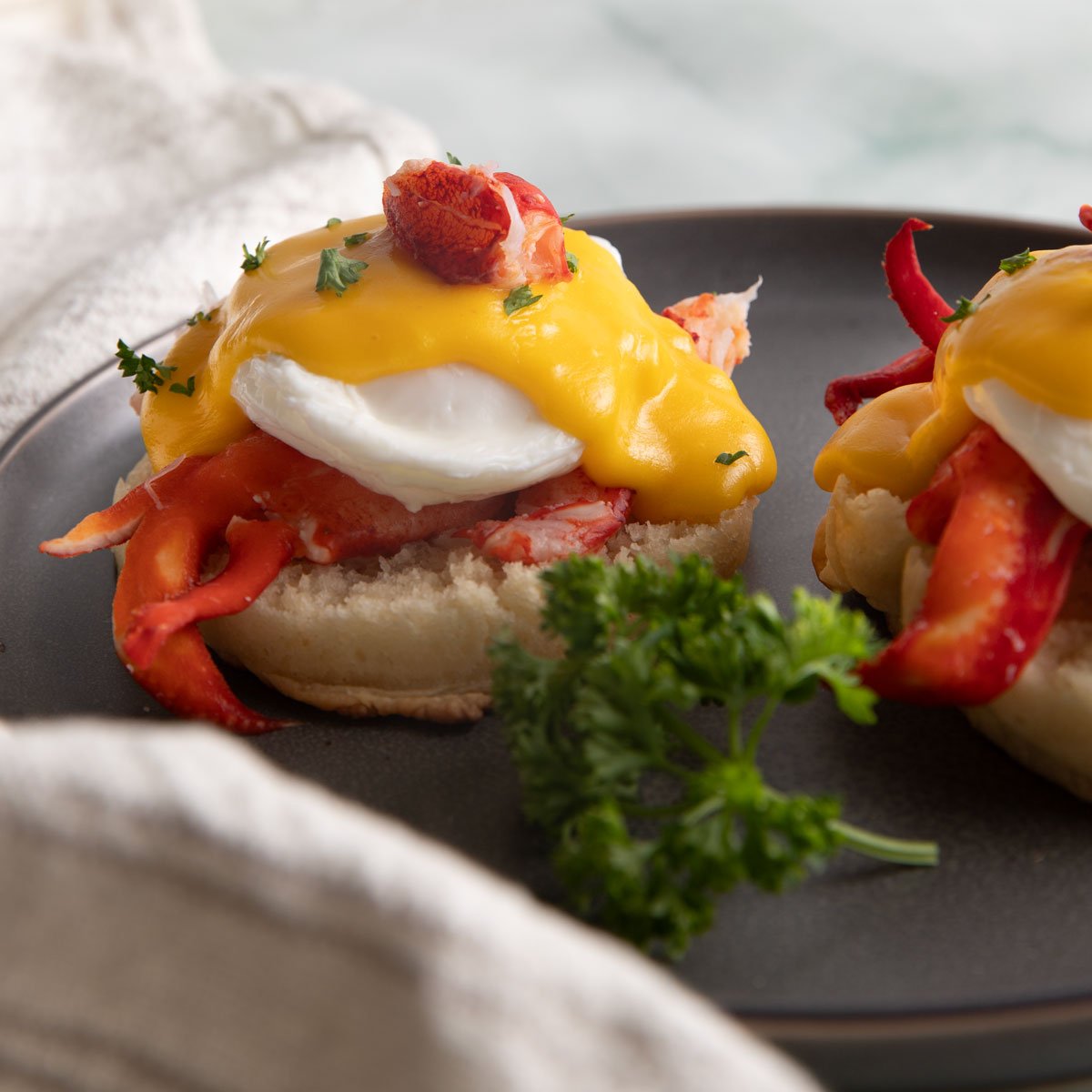Side view of lobster benedict on a gray plate.