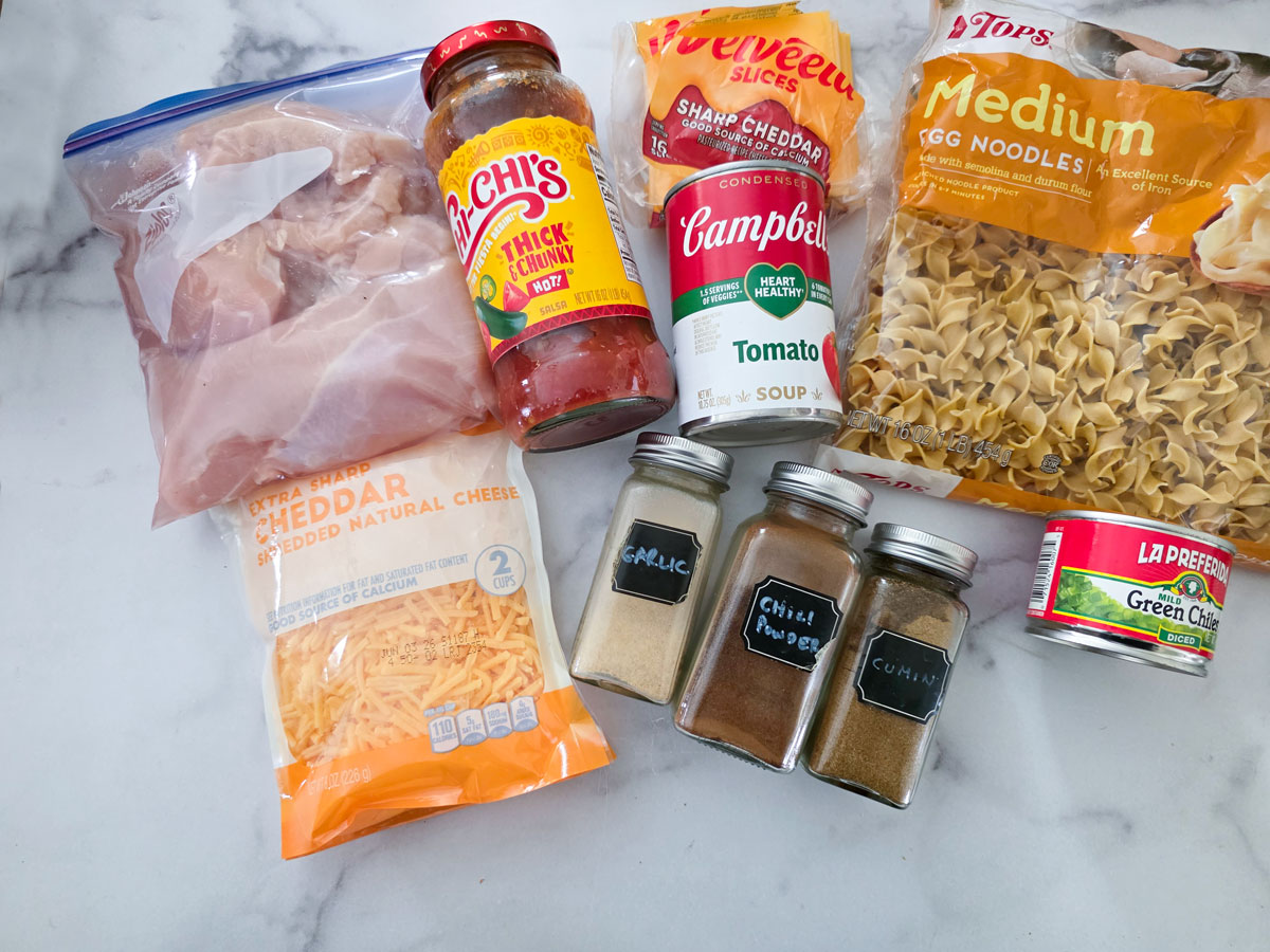 Ingredients for Mexican Noodle Casserole. See details in recipe below.