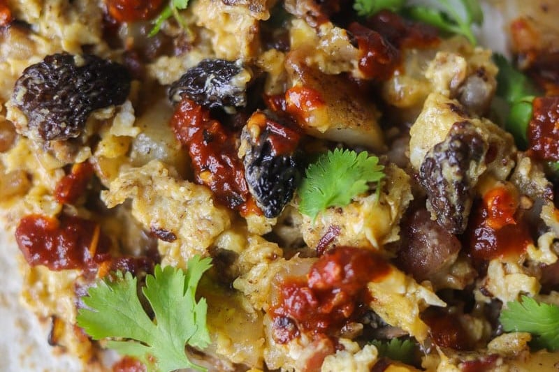 Cheesy Scrambled Eggs with Morel Mushrooms