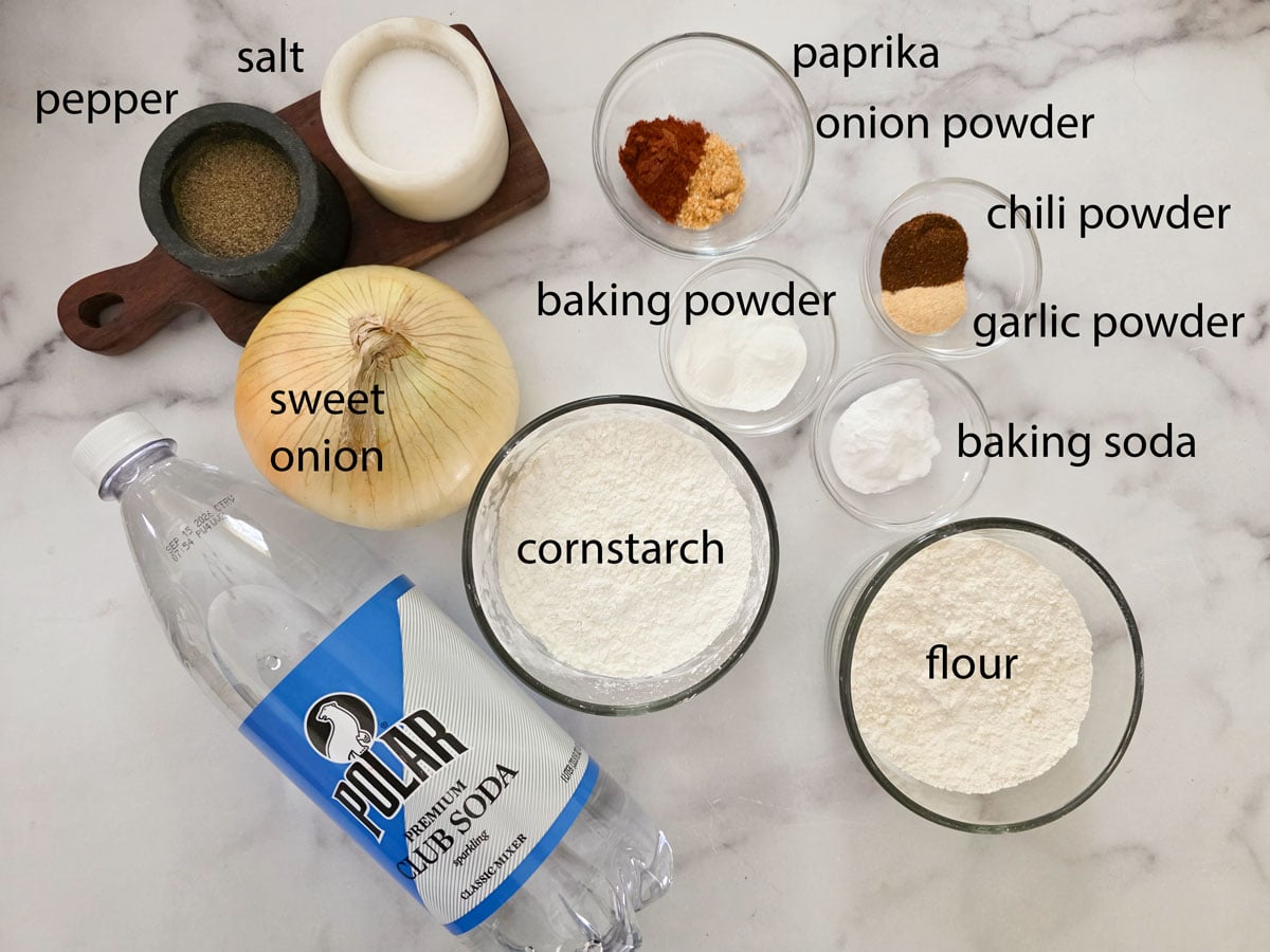 Ingredients for crispy onion ring batter. See details in recipe below.
