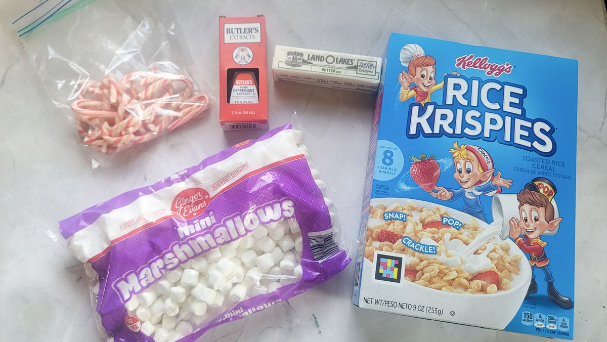 Ingredients for peppermint rice krispies treats. See details in the recipe below.