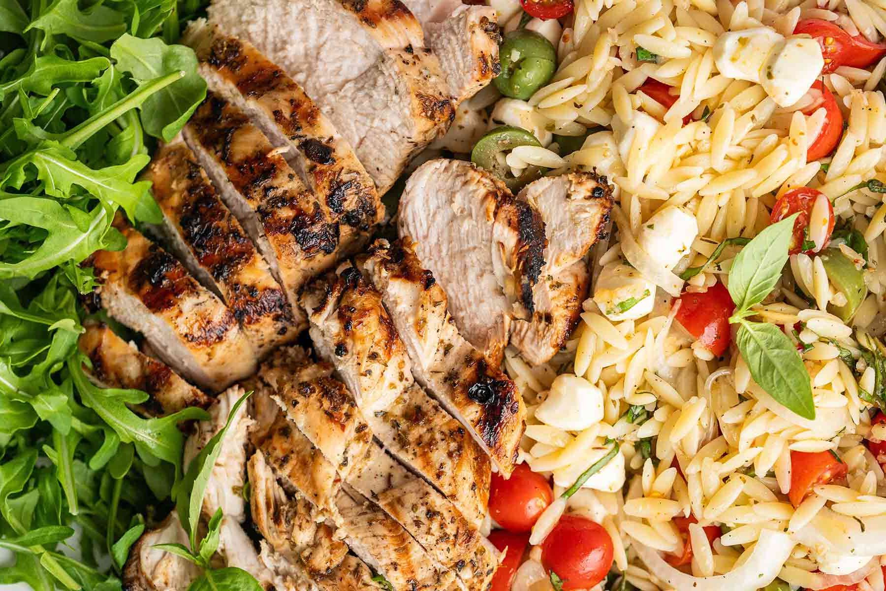 Italian Orzo Pasta Salad Recipe with Grilled Chicken & Arugula
