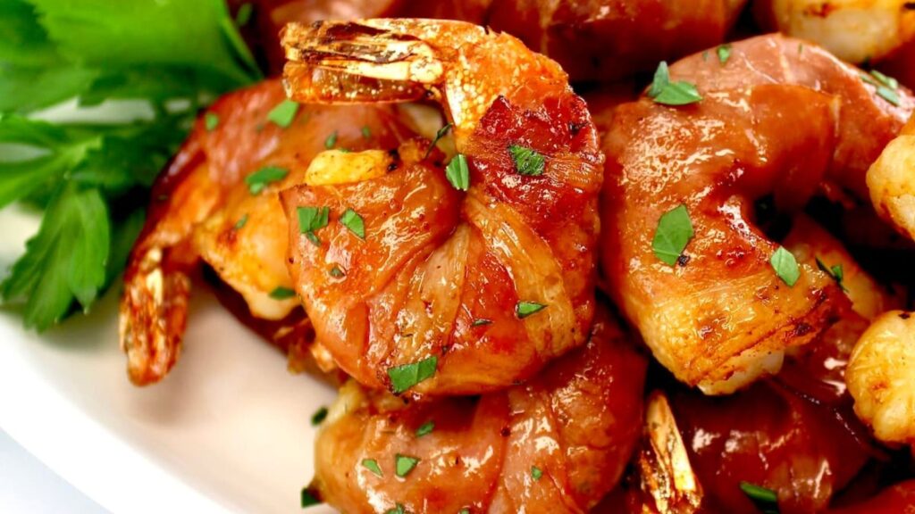 Close up image of Air Fryer Prosciutto-Wrapped Shrimp
