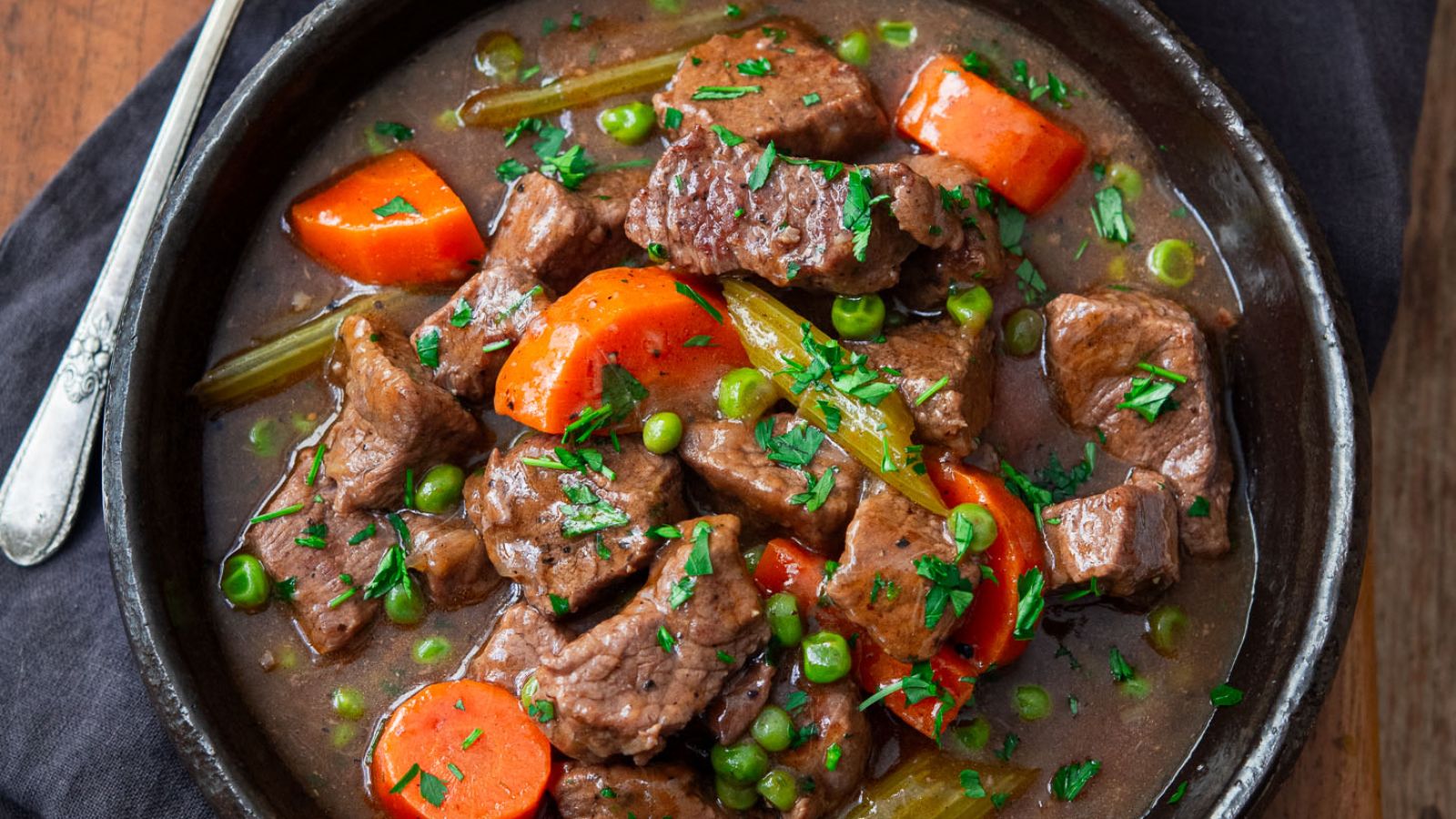 Old time beef stew in a serving bowl.