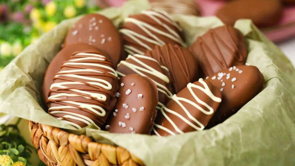 Homemade Peanut Butter Eggs in a basket.