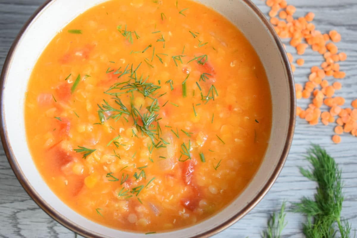 A bowl of Red Lentil and Dill Soup.